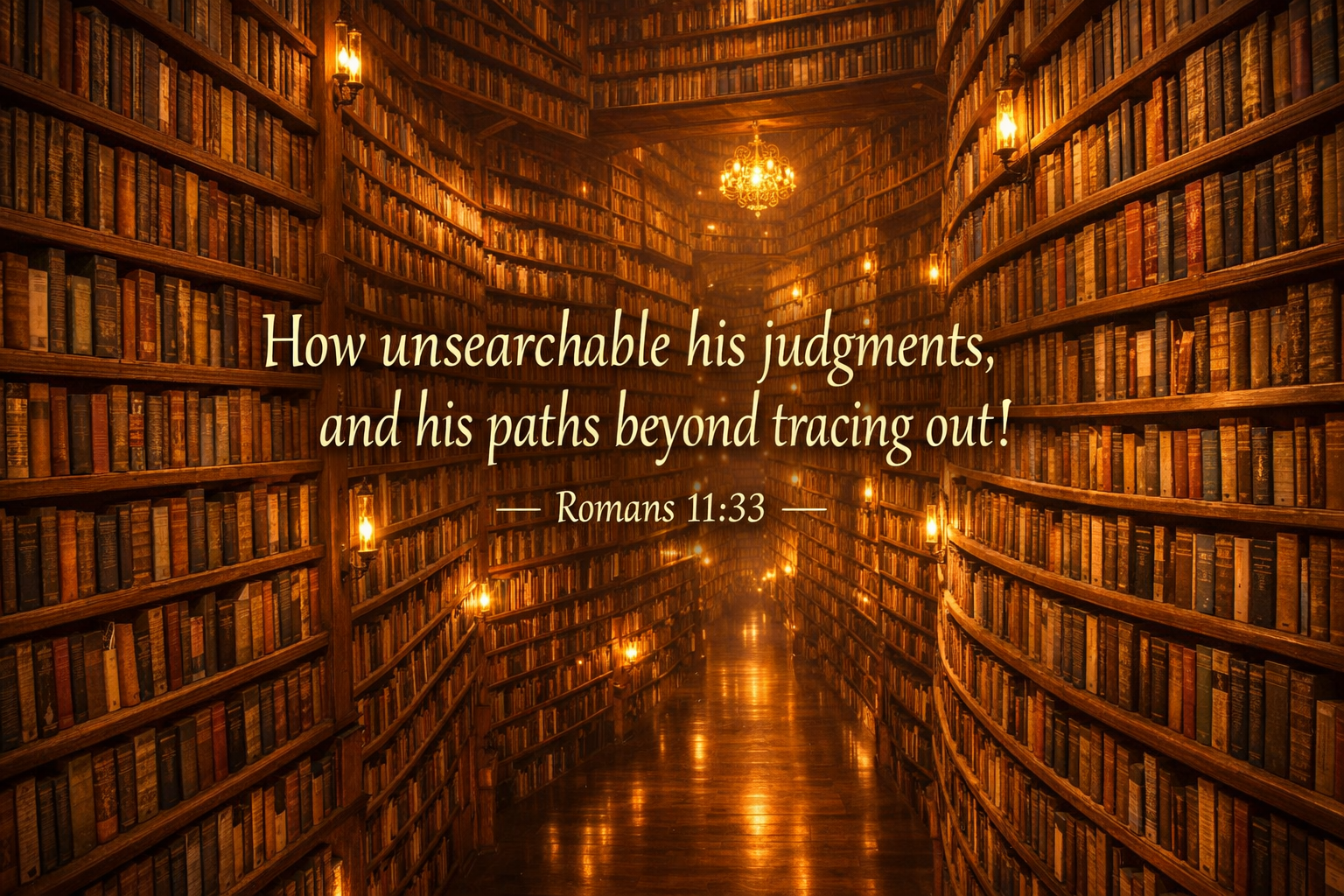 Infinite library with endless shelves stretching in every direction with Romans 11:33 verse about unsearchable judgments of God